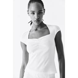 H&M Ribbad Topp Med Hjärtringning - Crèmevit