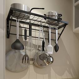 LivingAndHome Wall Mounted Kitchen Pan Saucepan Storage Iron Hanging Shelf Organiser Black Hook & Hanger