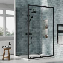 Nuie Matt Black Sliding Door Side Panel Tray & Waste Shower Enclosure Package 1200 x 900mm
