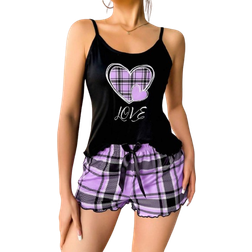 Shein Womens Heart Plaid Print Camisole And Shorts Sleepwear Set