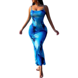 Shein Sleeveless Bodycon Ombre Floral Blue Dress With Straps