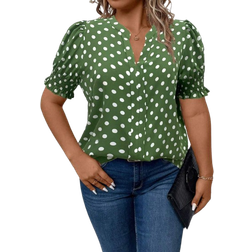 Shein Plus Womens Polka Dot Printed Short Puff Sleeve Loose Blouse With Notched VNeckline SpringSummer