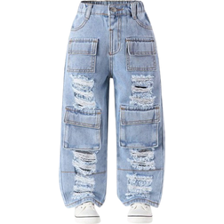 Shein Young Girl Vintage StreetStyle Ripped Light Blue Washed Straight Leg Jeans With Multiple Pockets Casual