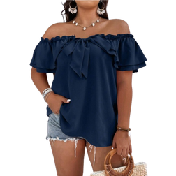 Shein Große Größen, Lässig, Einfarbig, Off-Shoulder Bluse Mit Rüschenbesatz