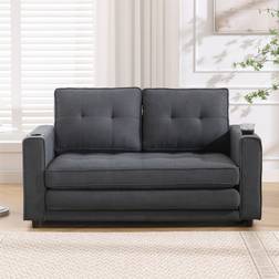 BESTCOSTY 3-in-1 Foldable Upholstered Futon w/ Side Pockets - Dark Grey (2 pcs) Sofa 55" 2 Seater