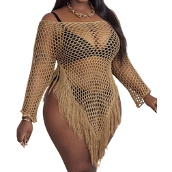 Shein Plus Women Casual Knitted OffShoulder Tassel Asymmetrical Hem Long Sleeve Sexy Sweater Dress
