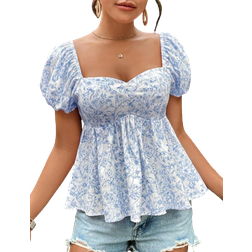 Shein Womens Vacation Chiffon Printed Bubble Sleeve Sweetheart Collar Blouse