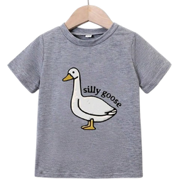 Shein Young Boy Casual Fashion Cartoon Goose Letter Print Short Sleeve TShirt For Summer Autumn