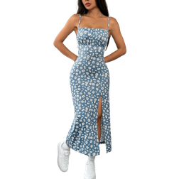 Shein Printed Knit Spaghetti Strap Split Hem Dress For Women Vacation