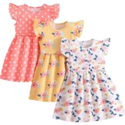 Shein 3pcs/Set Young Girls' Casual Simple Summer Cool Floral & Polka Dot Printed Dress Outfits