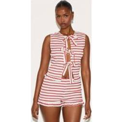 PrettyLittleThing Tomato Red Stripe Tie Front Extreme Shirred Top - Red