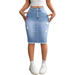 Shein Casual Distressed Hem Fitted Denim Skirt Summer