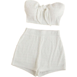 Shein Women Summer Front Tie Strapless Crop Top And High Waist Textured Shorts Set