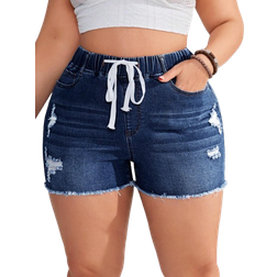 Shein Plus Womens Drawstring Waist Distressed Denim Shorts With Pockets And Frayed Hem Casual