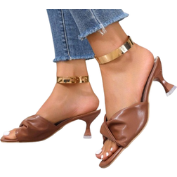Shein Ladies Fashion Brown Pleated Square Toe High Heel Sandals Plus AllMatch Foreign Trade