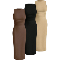 Shein Summer Casual Ruched Waist Slim Fit Sleeveless Dress Solid Color