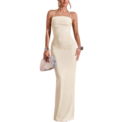 Shein Women Summer Romantic Date Beach Vacation White Sexy Backless High Slit Halter Wrap Ruffle Tie Front Dress