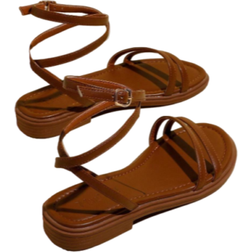Shein Women Brown Flat Crossed Open Toe LaceUp Sandals Summer OneStrap Buckle Ankle Strap Sandals