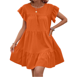 Shein Womens Casual Round Neck Solid Color Ruffle Hem Summer Dress