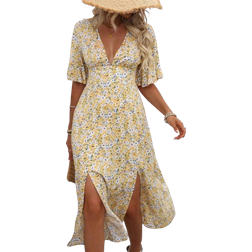 Shein Plus Womens Summer Floral Print Deep VNeck Ruffle Sleeve Elegant Dress With Double Side Slit Hem