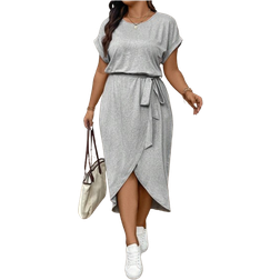 Shein Plus Women Casual Batwing Sleeve Wrap Hem Belted Dress