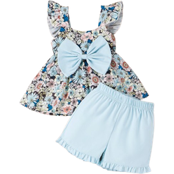 Shein Toddler Girls Floral Print Ruffle Trim Bow Front Top & Frill Hem Shorts & Headband