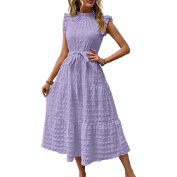 Shein Womens Solid Color Textured Frill Mock Neck Ruffle Armhole Belted Dress