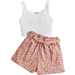 Shein Teen Girls Notched Neck Tank Top & Ditsy Floral Print Paperbag Waist Belted Shorts