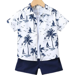 Shein Young Boy Blue & White Tropical Printed Vacation-style Standard Collar Short Sleeve Two-piece Set For Street & Casual Wear In Summer