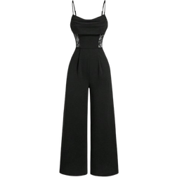 Shein Schwarzer Jumpsuit mit gewickeltem Ausschnitt für den Sommer, Retro Spitze Cut Out Ausschnit, Jumpsuit mit weitem Frauen Hochzeit Jumpsuit