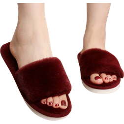 Shein Womens Wine Red Fashionable Solid Bedroom Slippers Minimalist Furry Slipper Shoes