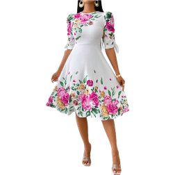 Shein Autumn And WinterElegantwhite WorkKnittedRound NeckWovenThree Quarter Length SleeveWomen Dresses