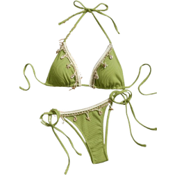 Shein Solid Color Splice Weave Bandeau Bikini Set With Bow Tie For Women