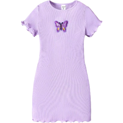 Shein Little Girls' Knitted Solid Color Round Neck Butterfly Patterned Casual Dress