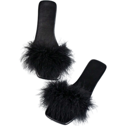 Shein Women Fluffy Decor Flat Sandals, Glamorous Black Slide Sandals