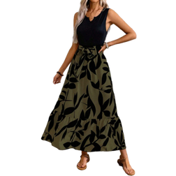 Shein SpringSummer Printed Asymmetrical Hem Knit Leaf Print Tank Dress Midi Length