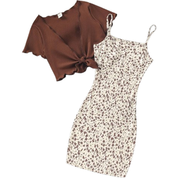 Shein Girls Lettuce Trim Tie Front Top & Ditsy Floral Print Cami Dress
