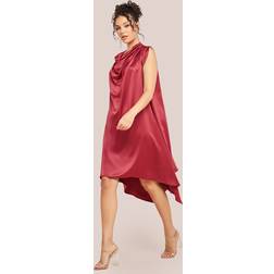 Goddiva Cowl Neck Back Wing Satin High Low Midi Dress - Berry-Red
