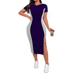 Shein Plus Colorblock Round Neck Short Sleeve Split Hem Fitted Dress