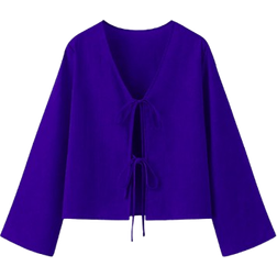 Shein Womens Solid Color Simple Daily LaceUp Long Sleeve Blouse