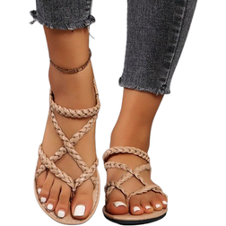 Shein Womens Woven Flat Sandals In Black Brown Apricot And Coffee Colors Solid Color With Toe Ring NonSlip Outdoor And Indoor Slippers