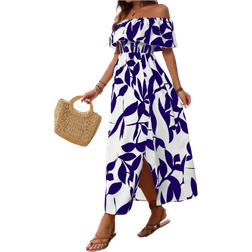 Shein Plants Print Off Shoulder Split Thigh Dress For Summer Vacation