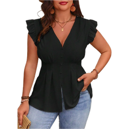 Shein Plus Womens Solid Color VNeck Cap Sleeve Blouse With Ruffle Hem Summer