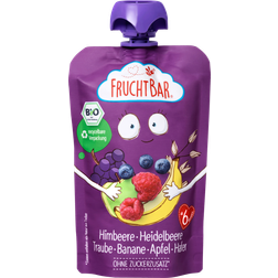 Bio FruchtBar frugtpuré hindbær, blåbær, drue, banan, æble DKK/1 100g