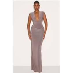 PrettyLittleThing Double Layer Plunge Ruched Shoulder Drape Waist Maxi Dress - Brown