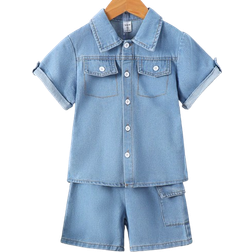 Shein Boys Small Flap Pocket Short Sleeve Denim Suit