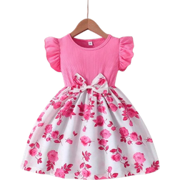 Shein Girls Summer Ruffled Sleeves BowTie Rose Flower Print Casual Dress