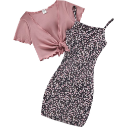 Shein Tween Girl Lettuce Trim Tie Front Top Ditsy Floral Print Cami Dress