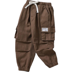 Shein Young Boys Loose And Comfortable Letter Patch Drawstring Waist Cargo Pocket Brown Jogger JeansVersatile And Suitable For Young Boys School And Daily