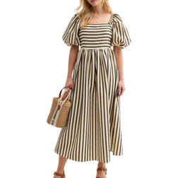 New Look Petite Puff Sleeve Milkmaid Midi Dress - Cream Stripe
